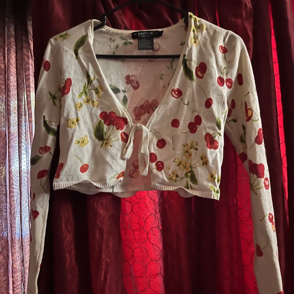 Rampage Cream and Red Long Sleeve Tie Front Crop Blouse